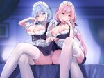 2girls :o apron aqua_bow aqua_panties areola_slip bed bed_sheet bedroom black_skirt blurry blurry_background bow breasts canopy_bed closed_mouth clothes_lift detached_collar ebihara_beniko frilled_apron frills garter_straps highres large_breasts long_hair looking_at_viewer maid maid_apron maid_headdress medium_hair multiple_girls nipples on_bed open_mouth original panties pink_bow pink_panties sitting skirt skirt_lift thighhighs thighs underwear very_long_hair voice_drama_available waist_apron white_apron white_headdress white_thighhighs 