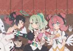  3girls absurdres angels_of_delusion aria_(human)_(zenless_zone_zero) aria_(zenless_zone_zero) arm_warmers bag bangboo_(zenless_zone_zero) bare_shoulders black_hair blue_eyes blush bow bowl breasts chinese_commentary chopsticks colored_inner_hair commentary_request dress earrings eating fingerless_gloves food gloves green_bow green_eyes green_hair green_halo hair_bow hair_ornament hairclip halo highres holding holding_bowl holding_chopsticks jewelry looking_at_another multicolored_hair multiple_girls musical_note_earrings nangong_yu noodles pink_arm_warmers pink_bag pink_hair pink_nails ramen red_eyes shirt shixiyuna streaked_hair sunna_(zenless_zone_zero) twintails upper_body white_dress white_shirt white_wings wings zenless_zone_zero 