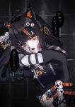  1girl absurdres ahoge animal_ear_headphones animal_ears arm_belt asymmetrical_sleeves belt belt_collar black_choker black_hair black_sweater blood bound bound_wrists cat_ear_headphones cat_ears choker collar commentary_request cross-laced_clothes cross-laced_dress crying eyeball_hair_ornament fake_animal_ears headphones highres long_sleeves mahou_shoujo_no_majo_saiban multicolored_hair nosebleed oekaki_amane open_mouth orange_eyes orange_streaks ryona sawatari_coco sharp_teeth shirt short_hair skirt skirt_under_dress skull sleeveless sleeveless_shirt solo speech_bubble streaked_hair striped_sleeves stuffed_animal stuffed_cat stuffed_toy sweater teeth translation_request upper_body white_shirt white_skirt 