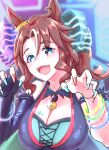  1girl absurdres animal_ears black_gloves blush breasts brown_hair claw_pose cleavage commentary_request crop_top demon_horns elbow_gloves fangs gloves highres horns horse_ears horse_girl large_breasts long_hair looking_at_viewer mejiro_palmer_(moonlit_devil)_(umamusume) mejiro_palmer_(umamusume) minorun9 multicolored_nails official_alternate_costume open_mouth single_elbow_glove solo teeth umamusume upper_teeth_only 