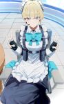  1girl apron aqua_bow aqua_bowtie belt_pouch black_gloves blonde_hair blue_archive blue_eyes blue_halo blue_leotard bow bowtie breasts commentary double_v earpiece fingerless_gloves frilled_apron frills gloves halo highres leotard long_hair maid maid_apron maid_headdress poto_(p0t0_0t0p0) pouch toki_(blue_archive) v white_apron 