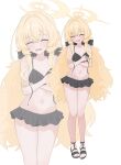  1girl absurdres bare_legs bikini bikini_skirt black_bikini blonde_hair blue_archive blush bow breasts butadiene closed_eyes commentary_request commission covering_breasts covering_privates embarrassed fluffy_hair full_body hair_bow hair_intakes halo highres korean_commentary long_hair navel professor_niyaniya_(blue_archive) ruffle_bikini sandals side_ahoge simple_background small_breasts solo standing stomach swimsuit untied_bikini_top very_long_hair white_background yellow_halo zoom_layer 
