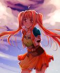  arms_behind_back brown_eyes cropped_jacket eiyuu_densetsu estelle_bright long_hair orange_hair orange_skirt rokuka shoulder_pads skirt smile solo sora_no_kiseki twintails 