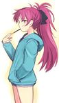  bow cutoffs denim denim_shorts food hair_bow hand_in_pocket hood hoodie long_hair mahou_shoujo_madoka_magica mouth_hold pocky ponytail red_hair sakura_kyouko short_shorts shorts solo yu_65026 