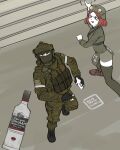  1boy 1girl absurdres alcohol armband attacking_viewer balaclava black_boots blush_stickers boots bottle brown_boots brown_shoes buhanka-chan camouflage camouflage_helmet camouflage_jacket camouflage_pants commentary english_commentary fingerless_gloves from_above gloves green_mask green_thighhighs helmet highres holding holding_bottle jacket load-bearing_equipment looking_at_viewer mask military military_combat_uniform military_uniform open_mouth original pants pelvic_curtain puto_trash red_eyes red_hair russian_ground_forces russo-ukrainian_war shoes soldier stairs thighhighs throwing tongue tongue_out v-shaped_eyebrows vodka white_armband z_(russian_symbol) 