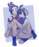  2boys black_hair blue_socks commentary_request crossed_bangs dual_persona gloves hair_between_eyes hairband highres jacket kieran_(pokemon) long_sleeves male_focus mole mole_on_neck multicolored_hair multiple_boys no_shoes off_shoulder open_clothes open_jacket open_mouth pokemon pokemon_scarlet_and_violet purple_hair shirt shorts simple_background sitting socks speech_bubble sweat tank_top translation_request turn_pale wosinnk yellow_hairband 