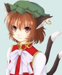  :3 animal_ears blue_background bow brown_hair cat_ears cat_tail chen hat jewelry long_sleeves looking_at_viewer mitsucho mob_cap multiple_tails red_eyes short_hair simple_background single_earring slit_pupils solo tail touhou upper_body vest 