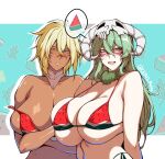  2girls arms_behind_back arrancar bare_arms bare_shoulders bikini bleach blonde_hair blush breasts broken_mask brown_eyes cero_rains cleavage collar commentary curvy dark-skinned_female dark_skin english_commentary facial_mark food food-themed_background food_print from_side fruit fruit_background fruit_print fur_collar goat_horns goat_skull green_eyes green_hair hair_between_eyes hair_ornament highleg highleg_bikini horns huge_breasts letterboxed long_hair looking_at_viewer looking_to_the_side lower_teeth_only mask medium_hair micro_bikini multicolored_bikini multiple_girls narrow_waist neck_fur nelliel_tu_odelschwanck open_mouth parted_lips revealing_clothes side-tie_bikini_bottom sideboob sidelighting skindentation skull skull-shaped_hat skull_hair_ornament skull_mask skull_on_head smile speech_bubble spoken_food strap_slip swimsuit teeth tier_harribel turning_head twitter_username underboob upper_body watermelon watermelon_print watermelon_slice 