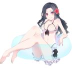  1girl armpit_crease bad_feet bare_arms bare_shoulders bikini bikini_skirt black_hair blush breasts cleavage closed_mouth collarbone commentary_request cropped curtained_hair floating flower hair_flower hair_ornament hanabi_(byhanabi) hibiscus highres innertube light_blush long_hair mahouka_koukou_no_rettousei medium_breasts navel on_innertube parted_bangs red_eyes red_flower saegusa_mayumi simple_background smile solo stomach swim_ring swimsuit white_background white_bikini 