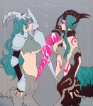  2girls arm_up bare_shoulders beyond_resurreccion black_fur black_gloves bleach bleach:_brave_souls body_fur body_markings breasts centaur cleavage closed_eyes closed_mouth collarbone commentary_request cowboy_shot crop_top curled_horns double-sided_polearm dual_persona elbow_gloves facial_mark fake_horns fingerless_gloves from_side gauntlets gloves green_hair green_shirt grey_background grey_fur hair_between_eyes holding holding_polearm holding_weapon horned_headwear horns lance large_breasts long_hair monster_girl multiple_girls navel nelliel_tu_odelschwanck nobuko28_28 polearm profile resurreccion shirt shoulder_pads sidelocks signature skull skull_on_head standing stomach taur torn_clothes torn_shirt translation_request underboob weapon 