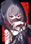  1girl black_dress black_mask colored_inner_hair commentary_request dress grey_hair hair_ornament highres hood hood_up mahou_shoujo_no_majo_saiban mask multicolored_hair nail_polish red_eyes red_hair red_nails shito_alisa short_hair solo torikago_sekai upper_body x_hair_ornament 