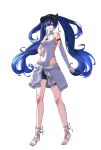  1girl absurdres alternate_costume bare_shoulders black_shorts blue_eyes blue_hair blush breasts cleavage_cutout clothes_around_waist clothing_cutout commentary full_body hand_on_own_hip highres iuno_(wuthering_waves) jewelry leg_wrap leotard long_hair looking_at_viewer medium_breasts multicolored_hair necklace open_mouth shorts simple_background smile smodo2132 solo streaked_hair tacet_mark_(wuthering_waves) toes twintails white_background white_leotard wuthering_waves 