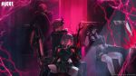  1boy 3girls absurdres aura black_gloves black_horns black_leotard black_skirt blonde_hair blue_eyes breasts cape commander_(nikke) commentary drake_(great_villain)_(nikke) drake_(nikke) electricity english_commentary english_text evil_smile gloves glowing glowing_eyes goddess_of_victory:_nikke grave_(nikke) hair_between_eyes hair_over_one_eye highres hood hood_up horns jacket large_breasts leotard liquid_clothes long_hair looking_at_viewer mask multiple_girls official_alternate_costume official_art red_eyes short_hair sidelocks single_horn sitting skirt smile white_hair ziz_(nikke) 