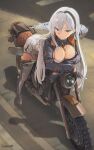  1girl angel angel_wings bent_over black_gloves black_jacket breasts cleavage cleavage_cutout closed_mouth clothing_cutout gloves grey_eyes hathor_(nte) highres jacket kaguh8 large_breasts long_hair looking_at_viewer motor_vehicle motorcycle neverness_to_everness shorts single_wing solo very_long_hair white_hair white_shorts wings 