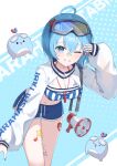  1girl absurdres ahoge arahashi_tabi bandaid bandaid_on_face bandaid_on_nose bikini bikini_top_only blue_bikini blue_eyes blue_hair blue_nails blue_shorts character_name commentary goggles goggles_on_head grin highres jihi long_sleeves megaphone nail_polish navel one_eye_closed pungdangi_(arahashi_tabi) see-through_clothes see-through_shrug short_hair shorts shrug_(clothing) smile stellive striped_bikini striped_clothes swimsuit untranslatable_commentary virtual_youtuber whistle whistle_around_neck white_shrug 