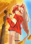  1girl absurdres alternate_costume ass commentary_request cup disposable_coffee_cup disposable_cup fu_hua fu_hua_(fenghuang_of_vicissitude) highres holding holding_cup honkai_(series) honkai_impact_3rd long_hair multicolored_hair red_eyes red_hair red_hood shorts solo thigh_strap thighs tree two-tone_hair very_long_hair white_background white_hair white_shorts zer3oz 