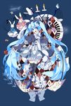  beamed_eighth_notes bird birdcage blue_eyes blue_hair bunny cage dress eighth_note hatsune_miku highres long_hair musical_note piano_keys sheet_music solo thighhighs treble_clef twintails very_long_hair vocaloid 