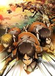  5boys annie_leonhardt armin_arlert asano_kyouji black_hair blonde_hair blue_eyes boots brown_hair christa_renz connie_springer dual_wielding emblem eren_yeager foreshortening green_eyes highres holding jacket jean_kirchstein midair mikasa_ackerman multiple_boys multiple_girls official_art paradis_military_uniform ponytail sasha_braus shingeki_no_kyojin silver_eyes sunset sword three-dimensional_maneuver_gear training_corps_(emblem) weapon 