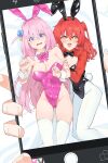  +_+ 2girls :d absurdres animal_ear_hairband animal_ears ass_visible_through_thighs bare_shoulders black_bow black_bowtie black_hairband black_leotard blue_eyes blush bocchi_the_rock! bow bowtie breasts cellphone cellphone_photo cleavage commentary cube_hair_ornament detached_collar embarrassed english_commentary fake_animal_ears fake_tail gotoh_hitori hair_between_eyes hair_ornament hairband hand_on_another's_arm happy highleg highleg_leotard highres holding holding_phone kita_ikuyo large_breasts leotard lightning_bolt_symbol long_hair long_sleeves looking_at_viewer multiple_girls one_side_up open_mouth pantyhose peanut_mouth phone pink_bow pink_bowtie pink_hair pink_hairband pink_leotard playboy_bunny pov pov_hands pu_seul rabbit_ear_hairband rabbit_ears rabbit_tail red_hair red_shrug shrug_(clothing) side_ahoge small_breasts smartphone smile strapless strapless_leotard tail thighhighs thighs traditional_bowtie very_long_hair viewer_holding_phone white_pantyhose white_thighhighs yellow_eyes 