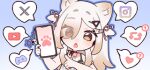  1girl :o animal_ear_fluff animal_ears blonde_hair blue_background blue_outline blush brown_eyes cat_ears cat_girl cellphone cellphone_charm charm_(object) choker cweamcat discord_logo eyelashes gradient_background hair_ornament hair_over_one_eye hair_ribbon hairclip heart heart-shaped_speech_bubble holding holding_phone indie_virtual_youtuber instagram_logo jewelry long_hair lowres necklace official_art open_mouth outline paw_print phone pink_ribbon ribbon second-party_source smartphone solo speech_bubble star_charm twitch_panel twitter_x_logo two_side_up virtual_youtuber yam_(no_7error) youtube_logo 