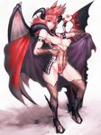  bare_shoulders breasts cape copyright_request demon_girl demon_horns demon_wings elbow_gloves fumio_(rsqkr) gloves grin horns large_breasts looking_at_viewer nipples pointy_ears red_hair smile solo thighhighs wings 