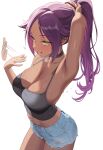  1girl absurdres adjusting_hair afterimage alternate_costume arm_behind_head arm_up armpit_focus armpits black_choker black_tank_top bleach blush breasts casual choker cleavage commentary_request cowboy_shot cutoffs dark-skinned_female dark_skin denim denim_shorts fanning_self from_above grin hand_in_own_hair highres holding_own_hair hot large_breasts long_hair middle_part midriff motion_lines navel no_bra parted_bangs ponytail presenting_own_armpit purple_hair ring_light_reflection shihouin_yoruichi short_shorts shorts sideboob sidelocks simple_background skindentation smile solo sweat sweaty_armpits tank_top wanju white_background yellow_eyes 