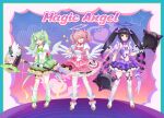  3girls absurdres alternate_costume angels_of_delusion aqua_streaks aria_(human)_(zenless_zone_zero) aria_(zenless_zone_zero) bandaid bandaid_hair_ornament black_hair blue_eyes blunt_bangs bow bow_(weapon) commentary_request detached_sleeves dress full_body gem gloves green_bow green_dress green_eyes green_gem green_hair hair_between_eyes hair_ornament hairclip halo hammer highres holding holding_bow_(weapon) holding_hammer holding_mace holding_weapon looking_at_viewer mace magical_girl multicolored_hair multicolored_socks multiple_girls multiple_hairclips nangong_yu one_eye_closed pink_bow pink_dress pink_gem pink_hair pink_halo puffy_short_sleeves puffy_sleeves purple_bow purple_dress purple_gem purple_halo qixuan short_sleeves socks star-shaped_pupils star_(symbol) streaked_hair sunna_(zenless_zone_zero) symbol-shaped_pupils thighhighs twintails weapon white_gloves white_socks white_thighhighs white_wings winged_bag wings zenless_zone_zero zettai_ryouiki 