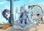  1girl 3girls bare_shoulders bird blue_hair blue_sky breasts camellya_(wuthering_waves) camellya_mascot_(meme) chucky_(chucky1000sun) closed_eyes closed_mouth commentary_request covered_navel day dress earrings fiery_horns forehead_tattoo fox hair_ornament hair_stick horns jewelry large_breasts long_hair meditation meme multiple_girls qingxiao_(wuthering_waves) sitting sky tattoo thighhighs white_bird white_dress white_thighhighs wuthering_waves yangyang_(wuthering_waves) 
