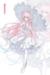 1girl ahoge ballet_slippers bonnet breasts center_frills character_name commentary crossed_bangs cyrene_(demiurge)_(honkai:_star_rail) cyrene_(honkai:_star_rail) dress english_commentary frilled_bonnet frilled_dress frilled_headwear frilled_umbrella frills full_body hair_between_eyes hair_intakes hair_ornament highres holding holding_umbrella honkai:_star_rail honkai_(series) long_hair long_sleeves looking_at_viewer mattang pants pink_hair pointy_ears purple_eyes ribbon shoes smile solo standing umbrella very_long_hair white_background white_bonnet white_dress white_pants white_ribbon white_shoes white_sleeves white_umbrella zoom_layer 
