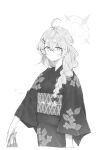  1girl ahoge bag blue_archive braid commentary_request floral_print floral_print_kimono glasses greyscale halo highres holding holding_bag japanese_clothes kimono kotama_(blue_archive) long_hair looking_at_viewer monochrome print_kimono sanpo_(sanpo_1027) side_braid simple_background solo white_background 