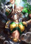  1girl absurdres ahoge animal_ears arm_strap arms_up asymmetrical_jacket blush breasts brown_hair choker commentary_request cropped_jacket green_shirt hair_ornament hat highres horse_ears horse_girl horse_tail jacket large_breasts long_hair looking_at_viewer midriff mini_hat mini_top_hat mr._c.b._(clear_bliss)_(umamusume) mr._c.b._(umamusume) navel otokuro01096mi pants parted_lips shirt single_bare_shoulder single_sleeve single_wrist_cuff smile solo strapless strapless_shirt tail top_hat umamusume water white_jacket white_pants wrist_cuffs yellow_choker 