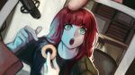  1boy 1girl :o alternate_hair_length_(longer) black_shirt blunt_bangs cassidy_amber chair damon_maitsu donut food game_asset green_eyes holding holding_donut holding_food holding_photo jerma985 komatsuzaki_rui_(style) long_hair microphone official_art open_mouth photo_(object) pointing pointing_at_food pointing_at_object project:_eden's_garden red_hair shirt solo_focus t-shirt third-party_source 