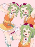  1girl boots commentary frilled_thigh_strap goggles goggles_on_head green_eyes green_hair gumi highres knee_boots komori_kamome looking_at_viewer miniskirt multiple_views open_mouth orange_vest skirt smile thigh_strap vest vocaloid wrist_cuffs 