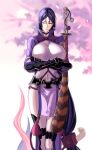  1girl absurdres bodysuit breasts cherry_blossoms cleavage closed_mouth commentary_request crossed_arms falling_petals fate/grand_order fate_(series) full_cleavage haiinu highres katana large_breasts long_hair low-tied_long_hair mature_female minamoto_no_raikou_(fate) petals purple_eyes purple_hair solo sword weapon 
