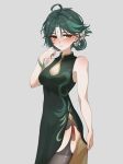  1girl absurdres ahoge alternate_costume bare_shoulders black_thighhighs blush bracelet breasts chinese_clothes cleavage cleavage_cutout clothing_cutout commentary_request covered_navel cowboy_shot diamond-shaped_pupils diamond_(shape) dress eyeliner facial_mark flower forehead_mark genderswap genderswap_(mtf) genshin_impact green_dress green_hair grey_background hair_flower hair_ornament hair_up hand_up highres holding_own_dress holding_own_hair jewelry looking_at_viewer makeup medium_breasts qipao red_eyeliner shenqiabei shoulder_tattoo side_slit simple_background sleeveless sleeveless_dress solo symbol-shaped_pupils tattoo thighhighs xiao_(genshin_impact) yellow_eyes 