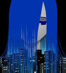  1girl absurdres avogado6 black_background black_sky blue_eyes blue_hair building city city_lights cityscape commentary_request frown hair_over_eyes hair_over_one_eye half-closed_eye highres long_hair night original outdoors parted_lips rain sad scenery simple_background sky skyline solo 
