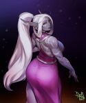  1girl 2021 absurdres annarae_(unluckyacorn) artist_name ass blank_eyes breasts colored_skin deathmaskart dress elf grey_skin highres large_breasts long_hair looking_at_viewer looking_back nightborne_(warcraft) pink_dress pointy_ears ponytail signature sleeveless sleeveless_dress warcraft world_of_warcraft 
