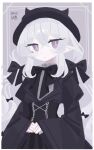  1girl aasan28810 artist_name black_bow black_bowtie black_dress black_hat bow bowtie commentary_request cross-laced_clothes cross-laced_dress crossed_bangs dress gothic_lolita hair_between_eyes hair_bow hat horned_hat juliet_sleeves lolita_fashion long_hair long_sleeves looking_at_viewer original own_hands_together pointy_ears puffy_sleeves purple_eyes slit_pupils solo white_hair 