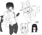  2girls animal_ears araya_(project_moon) bandaged_chest black_eyes black_hair cigarette commentary_request dog_ears holding holding_cigarette leaning_back limbus_company long_hair mother_and_child mother_and_daughter multiple_girls multiple_scars necktie odonate parent_and_child pleading_eyes project_moon ryoshu_(project_moon) scar short_hair suit white_background 
