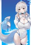  1girl absurdres black_choker blue_archive blue_halo blue_one-piece_swimsuit breasts cetacean_tail choker cleavage commentary_request covered_navel fins fish_tail grey_eyes grey_hair halo highres holding holding_removed_eyewear hooded_shrug kotone_(blue_archive) large_breasts mayusaki_yuu multicolored_one-piece_swimsuit one-piece_swimsuit round_eyewear short_hair shrug_(clothing) solo swimsuit tail thigh_strap two-tone_one-piece_swimsuit unworn_eyewear white_one-piece_swimsuit white_shrug 
