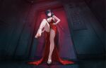  1girl absurdres anklet azuchi_(azur_lane) azuchi_(testing_courage_in_crimson)_(azur_lane) azur_lane bare_shoulders barefoot black_horns bracelet breasts cleavage demon_girl dress elevator full_body game_asset hallway hand_on_own_hip high-low_dress high_heels highres holding holding_unworn_clothes holding_unworn_shoes horns huge_breasts jewelry long_hair looking_at_viewer necklace non-web_source official_art parted_lips plunging_neckline purple_eyes purple_hair red_dress red_nails self-datamine shoes sleeveless sleeveless_dress solo thighs unworn_shoes very_long_hair 