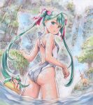  2girls animal aqua_eyes ass back_cutout bird breasts chibi chibi_miku_(mayo_riyo) closed_eyes clothing_cutout commentary_request day deer from_behind hatsune_miku highres innertube long_hair looking_at_viewer looking_back mayo_riyo multiple_girls on_innertube one-piece_swimsuit outdoors parted_lips standing swim_ring swimsuit tree twintails very_long_hair vocaloid wading water waterfall 