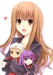  2girls archer bb_(fate)_(all) bb_(fate/extra_ccc) brown_eyes brown_hair chibi fate/extra fate/extra_ccc fate_(series) hair_ribbon hinano kishinami_hakuno_(female) long_hair multiple_girls purple_eyes purple_hair ribbon school_uniform tsukumihara_academy_uniform_(fate/extra_ccc) 