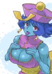  1girl blue_hair blue_skin breasts chinese_clothes cleavage cleavage_cutout clothing_cutout colored_skin commentary_request darkstalkers dress hands_on_own_chest hat highres hsien-ko jiangshi large_breasts looking_at_viewer ofuda purple_dress purple_hat qingdai_guanmao red_eyes sarad_udon short_hair sleeveless sleeveless_dress solo tongue tongue_out 
