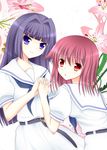  blue_eyes blue_hair blush flower hirose_sumire holding_hands long_hair miyanaga_teru multiple_girls raikkonen713 red_eyes red_hair saki shiraitodai_school_uniform short_hair smile 