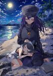  2girls absurdres black_hair cetacean_tail closed_eyes commentary_request commerson's_dolphin_(kemono_friends) dolphin_girl dress fins fish_tail full_moon hat head_fins highres jewelry kanmoku-san kemono_friends kemono_friends_3 leggings long_hair moon multiple_girls necklace night ocean outdoors sailor_dress shoes skirt sleeping sleeveless socks sperm_whale_(kemono_friends) sweater tail 