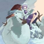  1girl absurdres apron blush branch breasts carrot coal commentary_request full_body hat highres i_love_suwako index_finger_raised lapel_pin letty_whiterock long_sleeves looking_at_viewer puckered_lips puffy_long_sleeves puffy_sleeves purple_eyes purple_hair purple_shoes purple_skirt purple_vest santa_hat scarf shadow shirt shoes short_hair sitting_on_branch skirt snow snowman socks solo touhou vest waist_apron white_apron white_hat white_scarf white_shirt white_socks winter 