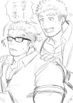  2boys :d bara borrowed_character character_request collared_shirt commentary_request facial_hair glasses goatee_stubble greyscale harada_(basashi) heart large_pectorals male_focus mature_male medium_sideburns monochrome motion_lines multiple_boys muscular muscular_male original pectoral_cleavage pectorals shirt short_hair sideburns sideburns_stubble sketch smile sparse_stubble stubble surprised thick_eyebrows translation_request undercut upper_body yaoi 