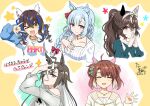  >_o 5girls \m/ ahoge alternate_hair_length_(longer) alternate_hairstyle animal_ears blue_hair braid brown_eyes brown_hair closed_eyes collarbone colored_inner_hair commentary_request curren_bouquetd'or_(casual)_(umamusume) curren_bouquetd'or_(umamusume) daitaku_helios_(casual)_(umamusume) daitaku_helios_(umamusume) dantsu_flame_(casual)_(umamusume) dantsu_flame_(umamusume) facing_viewer horse_ears horse_girl jewelry long_sleeves looking_at_viewer medium_hair mejiro_ardan_(casual)_(umamusume) mejiro_ardan_(umamusume) mismatched_ear_covers multicolored_hair multiple_girls necklace one_eye_closed open_mouth orange_eyes own_hands_together ponytail rulership_(casual)_(umamusume) rulership_(umamusume) signature star_(symbol) steepled_fingers tarachine translation_request twintails umamusume white_hair 