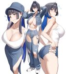  1girl abs absurdres alternate_costume anger_vein arm_behind_head arms_behind_head arms_up ass backless_shirt black_hair blue_eyes blue_hair blush breasts cleavage collarbone colored_inner_hair commentary cropped_jacket cross cross-laced_clothes cross-laced_shorts cross_necklace curvy denim diamond_(shape) dimples_of_venus grey_panties grin groin hair_intakes hat heart highres hololive hololive_english huge_breasts jacket jeans jewelry linea_alba linea_semilunaris long_hair looking_at_viewer median_furrow micro_shorts multicolored_hair multiple_views necklace no_bra open_clothes open_jacket ouro_kronii panties pants puff_of_air scoop_neck shirt shoes short_shorts shorts side_slit sideless_shorts simple_background skirt smile star_ornament thighs torn_clothes torn_jeans torn_pants two-tone_hair underwear very_long_hair virtual_youtuber white_background white_shirt white_shoes zenya 